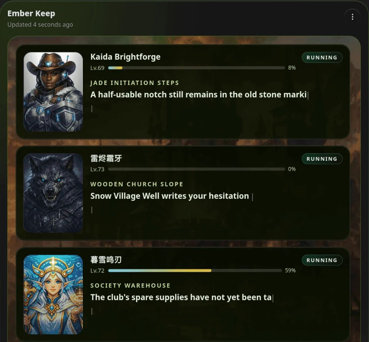 Panel Hero Dungeon de HagiCode llamado Ember Keep, con tres héroes en ejecución y su nivel, progreso y texto de la historia.