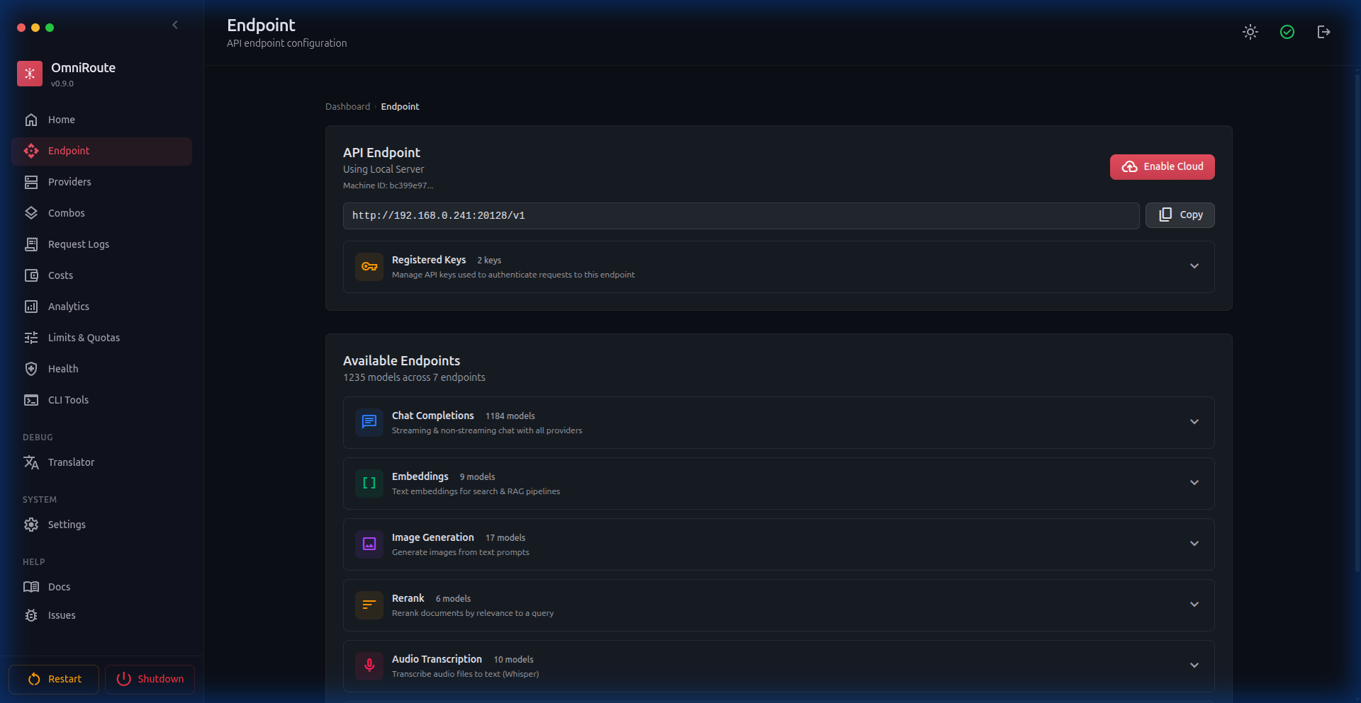 Tableau de bord du point de terminaison